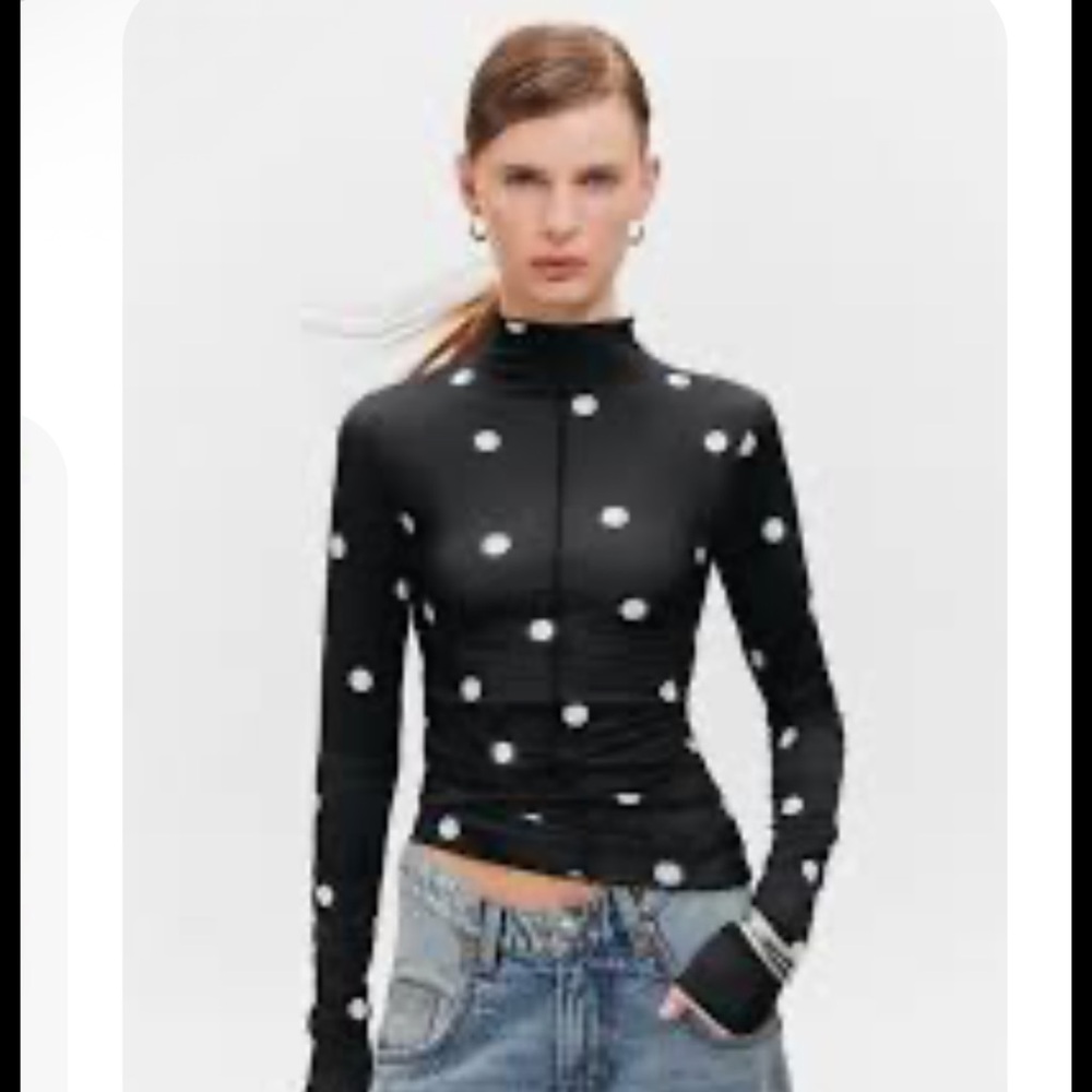 Revolve Monki Slim fit Black Polka Dot Long-Sleeve Mock Neck Top NWT XS